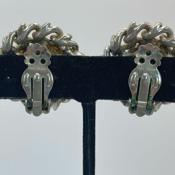 Vintage chain wrapped button earrings silver tone clip on signed patent pending - Picture 3 of 3